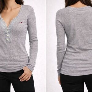 Hollister Light Grey Ribbed Lace-Trim Henley Long Sleeve Top